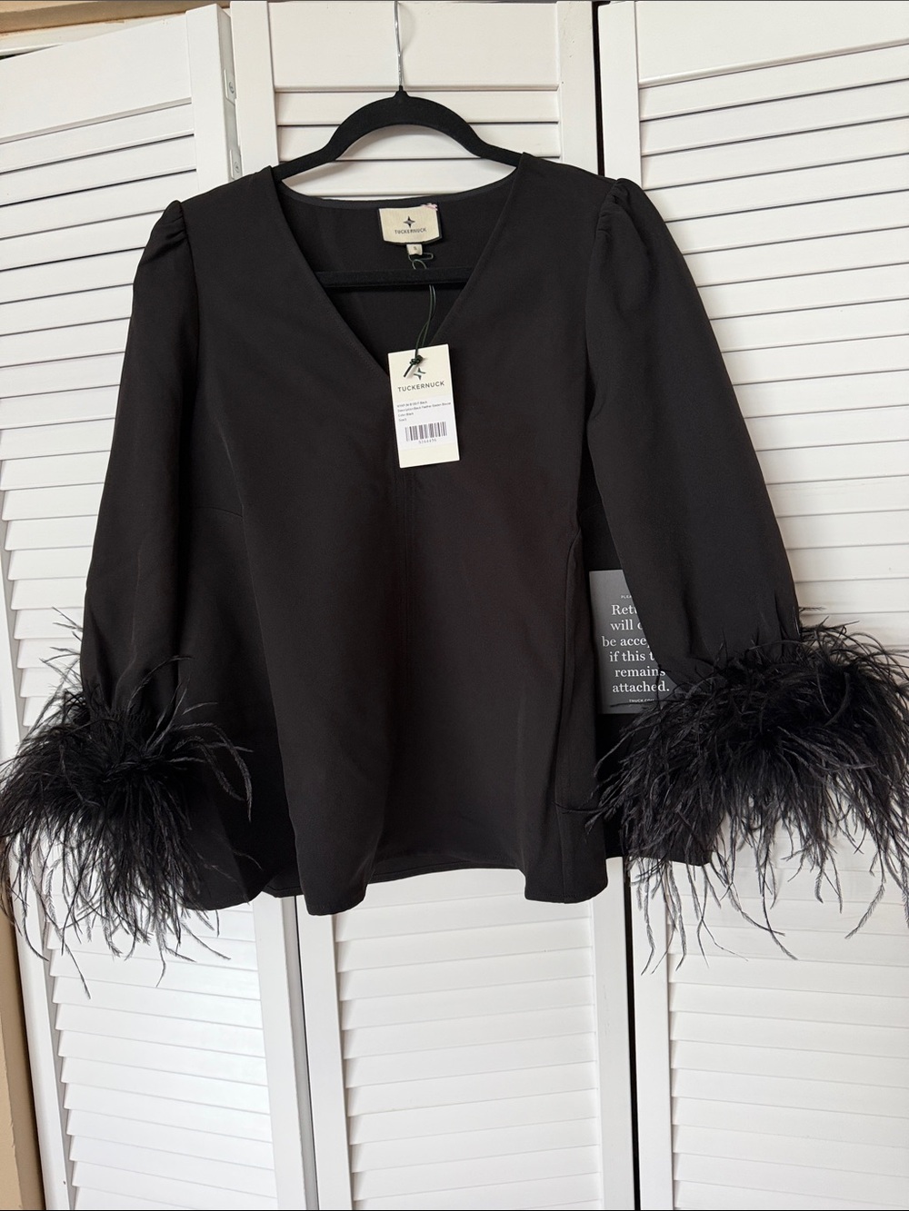 Tucker + Tate Black V-Neck Blouse with Feathered Cuffs